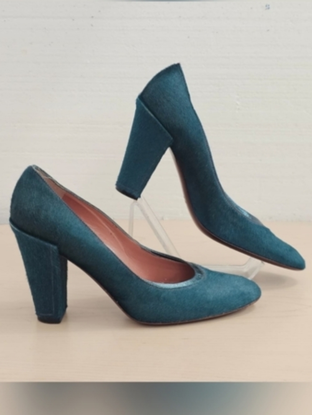 Eileen Shields Teal Green Horse Hair Block Heel Pumps, Sz 8.5